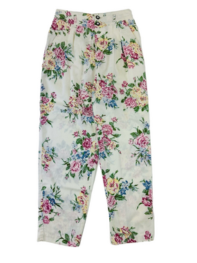 90s Vintage Floral Cottagecore Cotton Pants High Waisted Womens Small Retro Fit